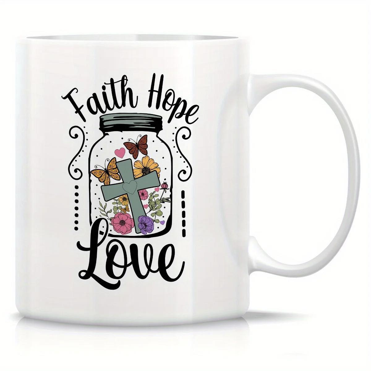 Tailorly White Ceramic 11 oz Mug - Faith Hope Love Rustic Glass Jar With Flying Butterflies And Blooming Spring Flowers Surrounding A Cross