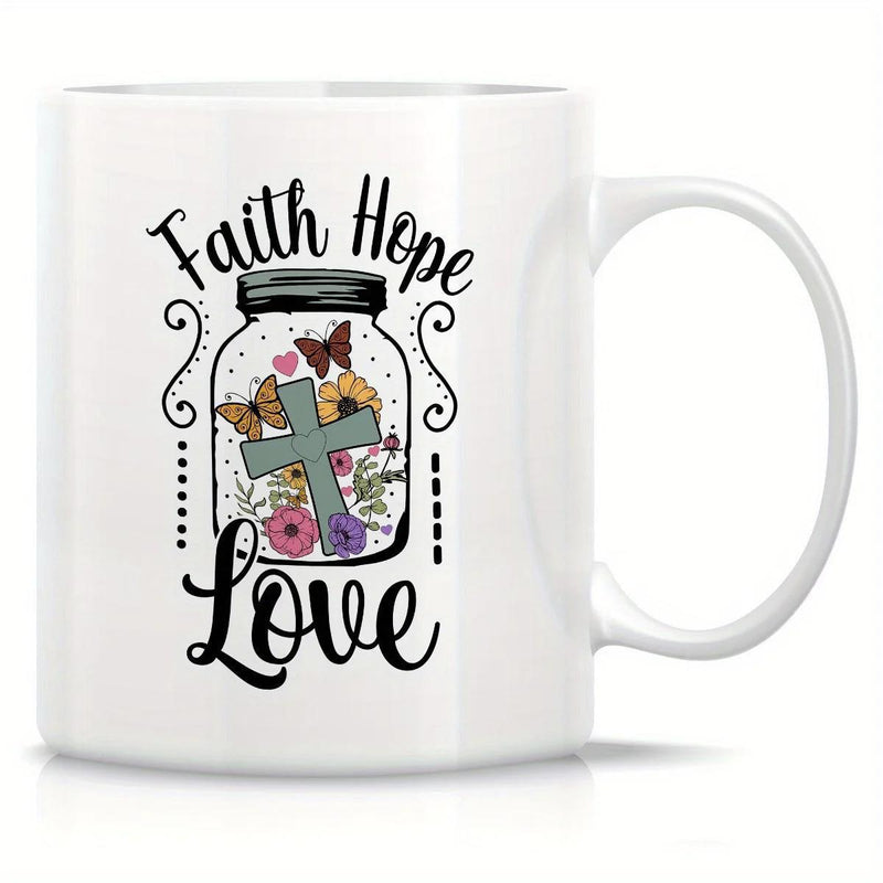 Tailorly White Ceramic 11 oz Mug - Faith Hope Love Rustic Glass Jar With Flying Butterflies And Blooming Spring Flowers Surrounding A Cross