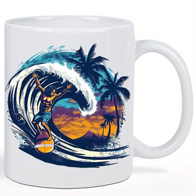 Tailorly White Ceramic 11 oz Mug - Vibrant Tropical Sunset With Silhouetted Palms And A Dynamic Professional Surfer