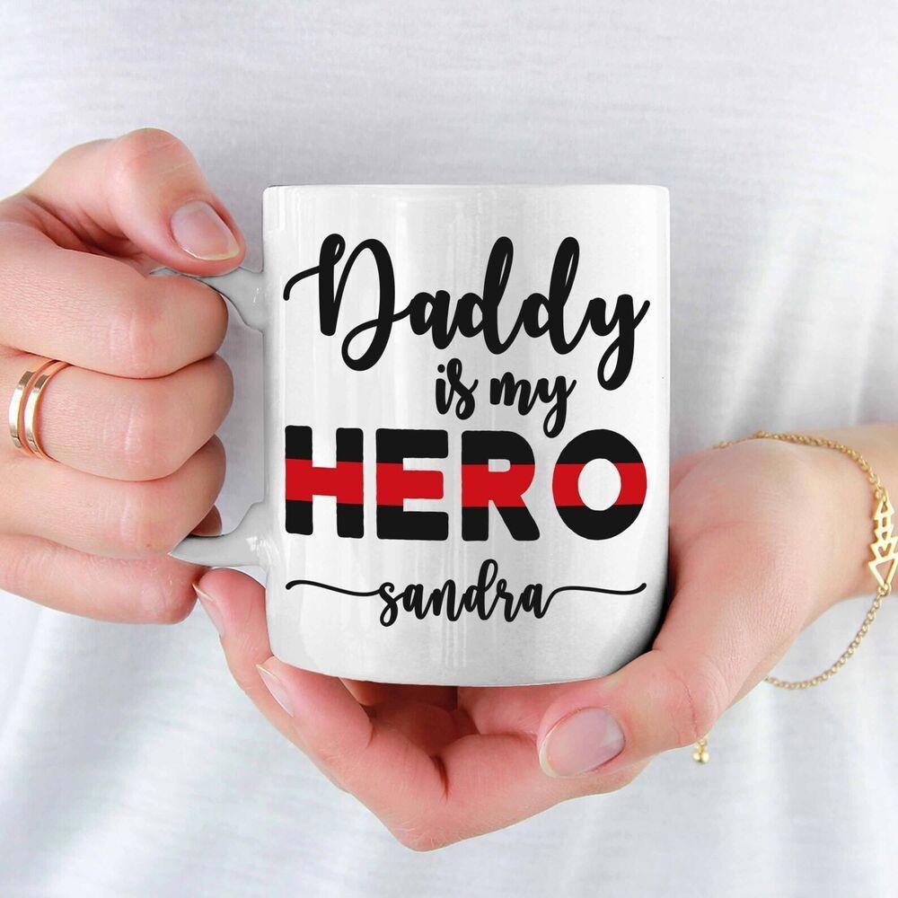 Tailorly White Ceramic 11 oz Mug - Daddy Is My Hero Sandra Minimalist White Ceramic With Bold Lettering And Thin Red Line Mug