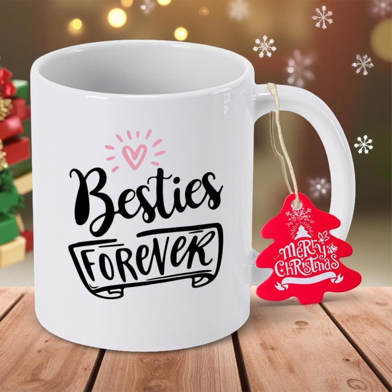Tailorly White Ceramic 11 oz Mug - Besties Forever Minimalist Pink Radiant Heart Above Elegant Bold Stylized Scripted Banner Heart
