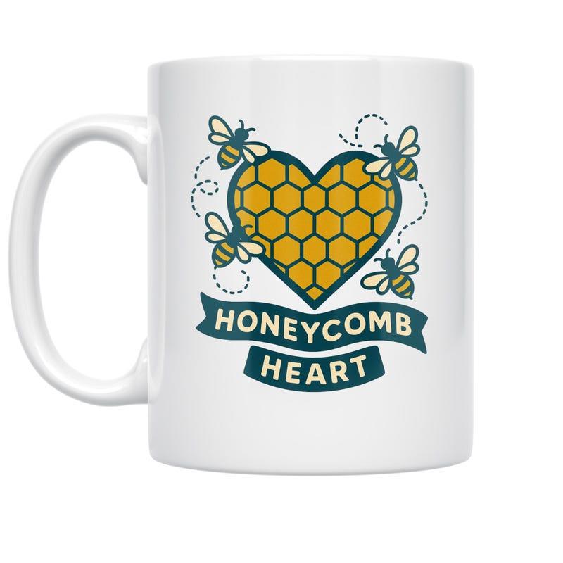 Tailorly White Ceramic 11 oz Mug - Honeycomb Heart Golden Geometric Honeycomb Texture Surrounded By Flying Busy Bees Heart
