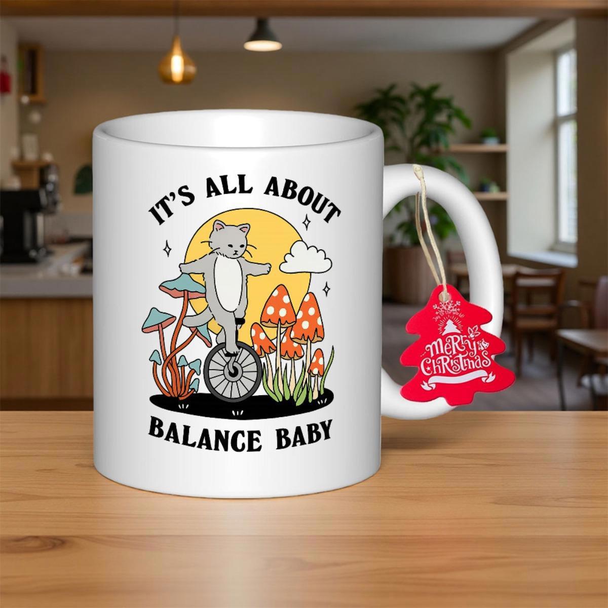 Tailorly White Ceramic 11 oz Mug - Its All About Balance Baby Whimsical Grey Cat Riding A Unicycle Among Colorful Forest Mushrooms Cat