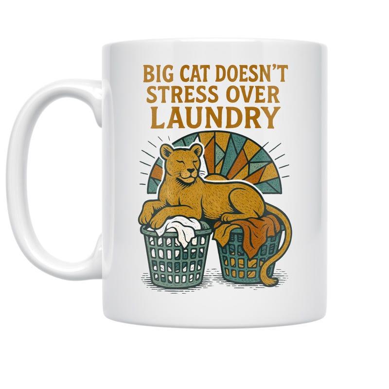 Tailorly White Ceramic 11 oz Mug - Big Cat Doesnt Stress Over Laundry Majestic Golden Lioness Resting Calmly Upon Laundry Baskets Beneath Sunset Lioness
