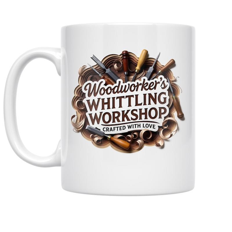 Tailorly White Ceramic 11 oz Mug - Woodworkers Whittling Workshop Crafted With Love Intricate Hand Carving Tools Surrounded By Rustic Wooden Shavings Workshop