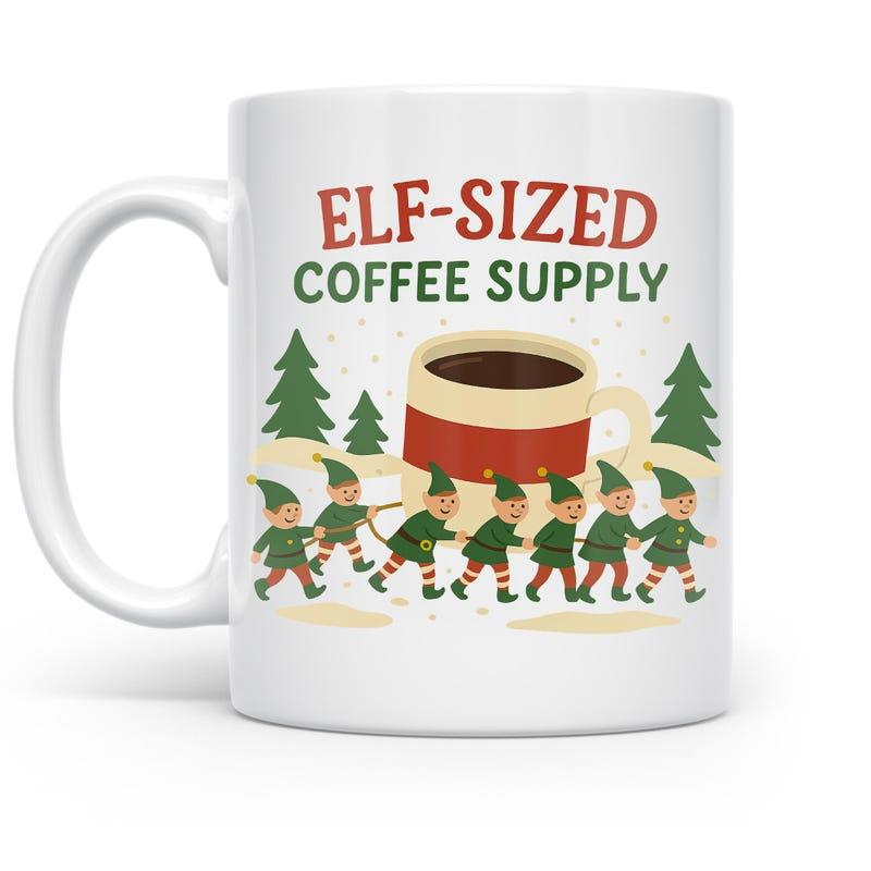 Tailorly White Ceramic 11 oz Mug - Elf Sized Coffee Supply Tiny Festive Elves Carrying A Giant Mug Through A Snowy Forest Elves