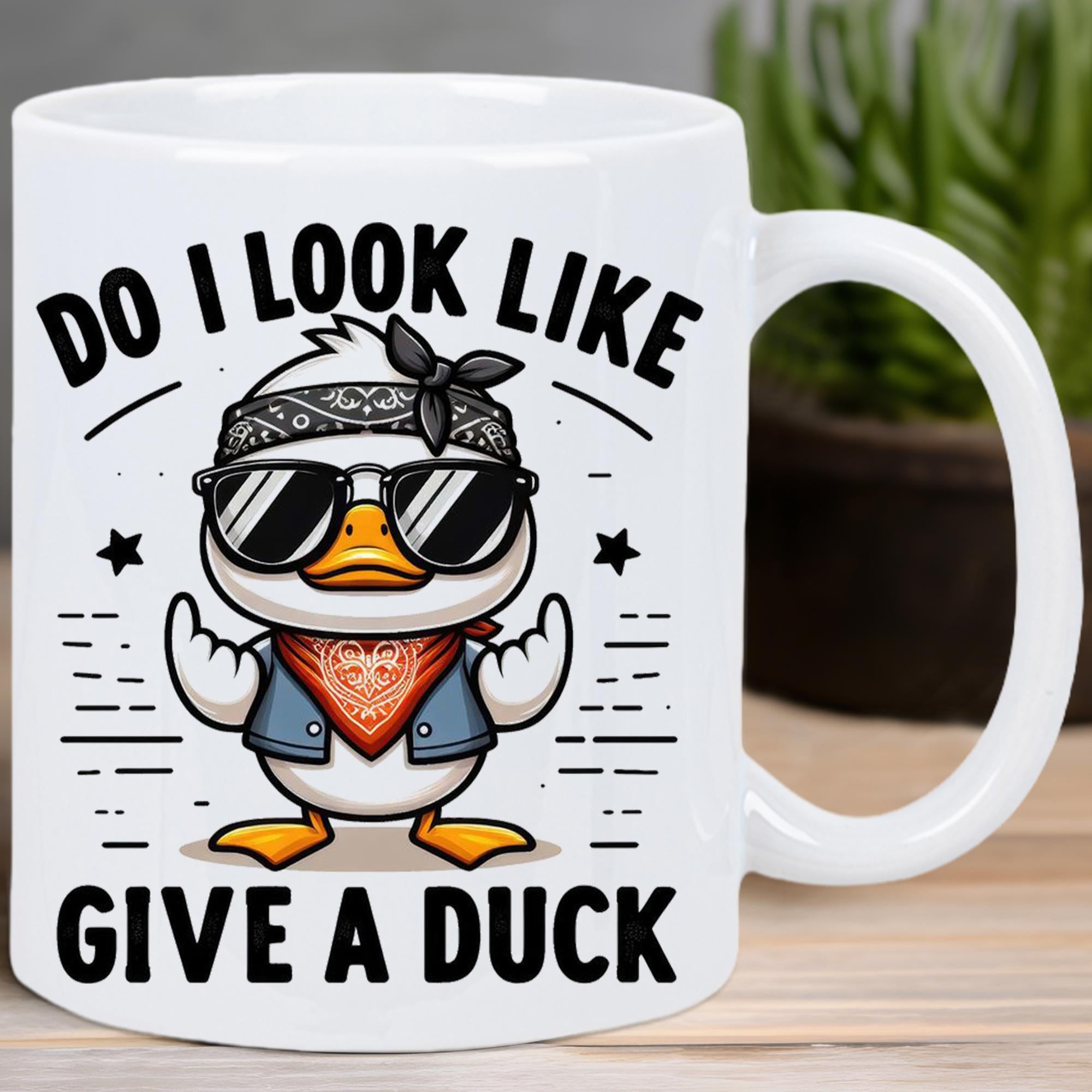 Tailorly White Ceramic 11 oz Mug - Do I Look Like Give A Duck Cool Cartoon Wearing Sunglasses And Bandana With Denim Vest Rebellious Duck