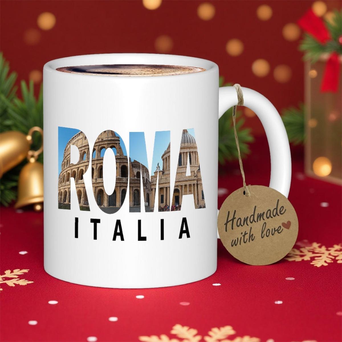 Tailorly White Ceramic 11 oz Mug - Roma Italia Historic Landmarks Showcased Within Artistic Bold Silhouette Of City Letters Landmark