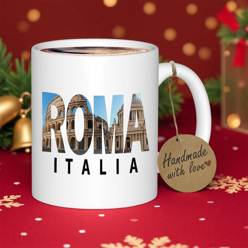 Tailorly White Ceramic 11 oz Mug - Roma Italia Historic Landmarks Showcased Within Artistic Bold Silhouette Of City Letters Landmark