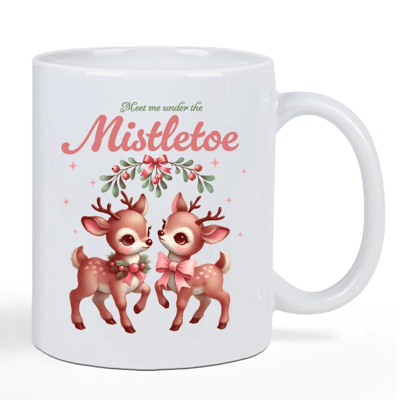 Tailorly White Ceramic 11 oz Mug - Kiss Me Under The Mistletoe Two Adorable Festive Reindeer Standing Together Beneath A Decorative Christmas Garland Reindeer