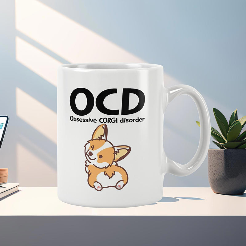 Tailorly White Ceramic 11 oz Mug - Obsessive Corgi Disorder Cute Playful Cartoon Puppy Looking Back Over Its Shoulder Corgi