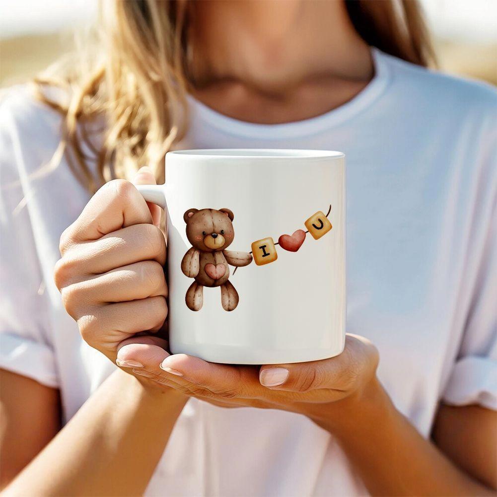 Tailorly White Ceramic 11 oz Mug - I U Cute Brown Plush Teddy Holding Heart And Small Blocks Bear