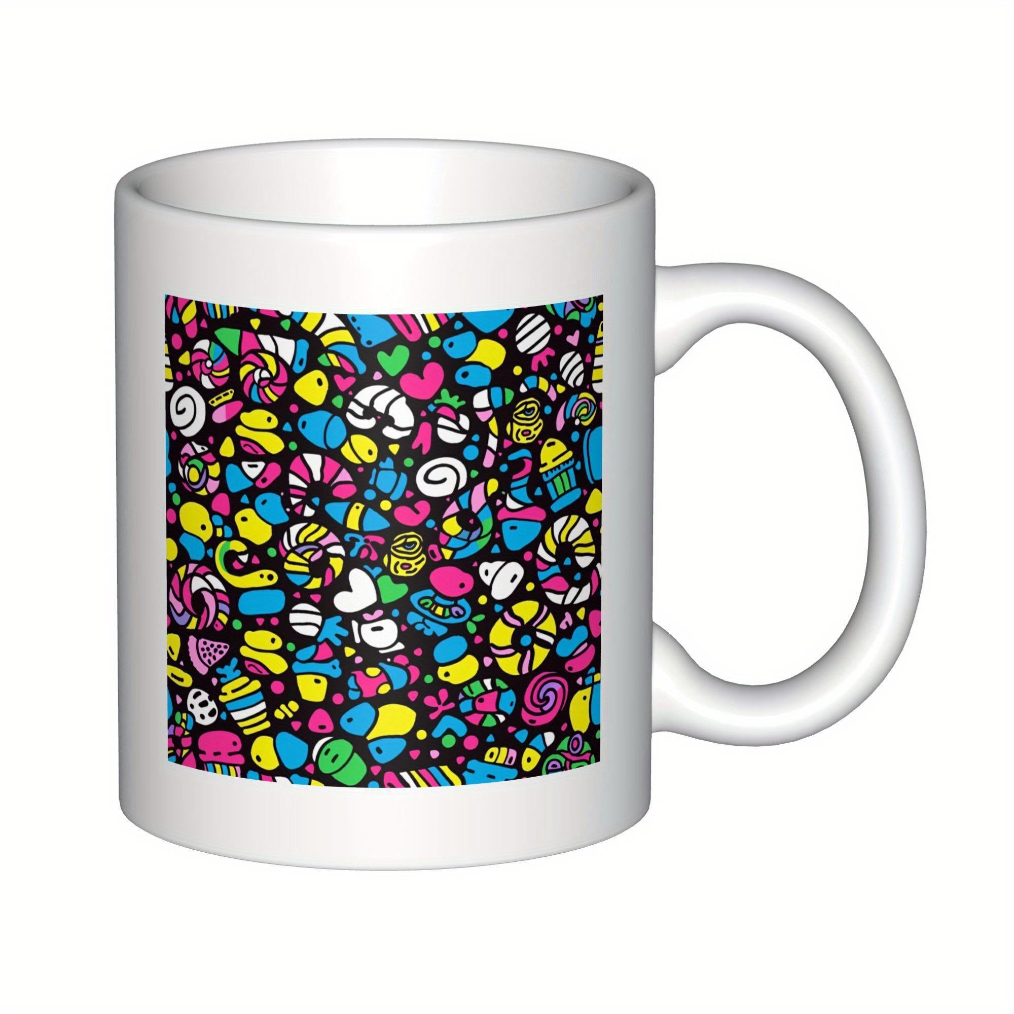 Tailorly White Ceramic 11 oz Mug - Vibrant Cartoon Candies Among Whimsical Hand Drawn Colorful Shapes Pattern