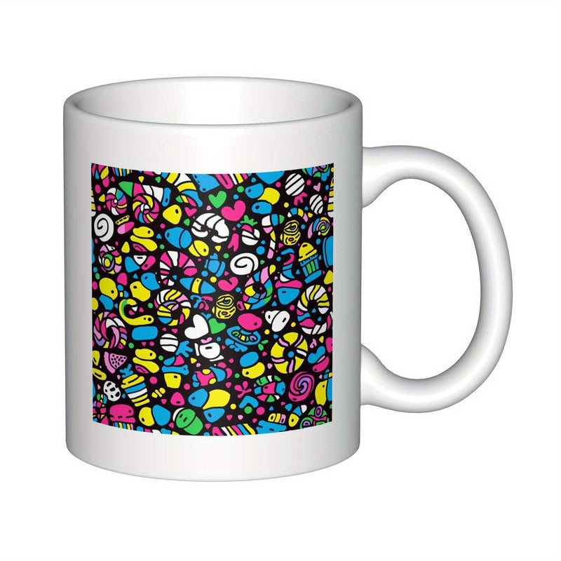 Tailorly White Ceramic 11 oz Mug - Vibrant Cartoon Candies Among Whimsical Hand Drawn Colorful Shapes Pattern