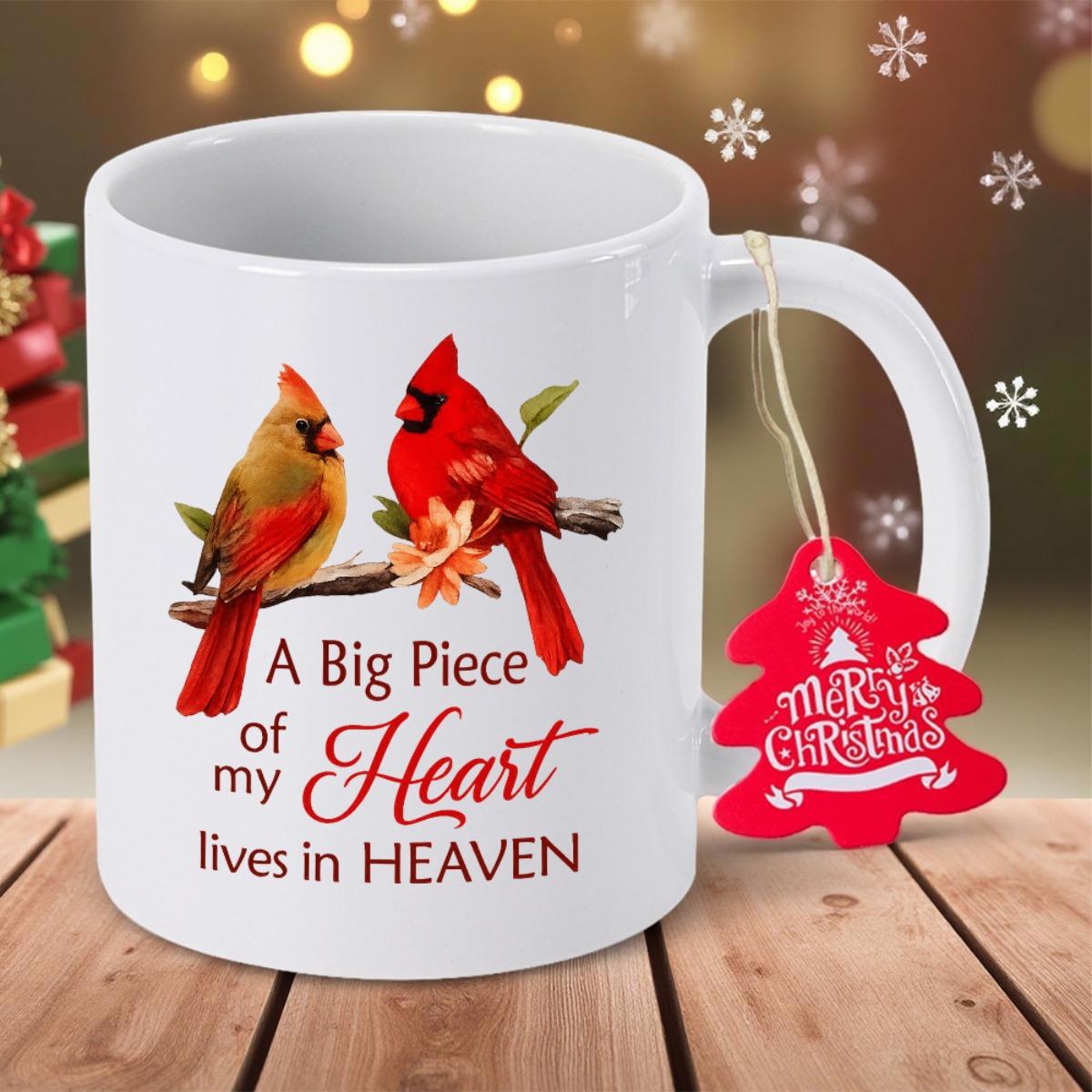 Tailorly White Ceramic 11 oz Mug - A Big Piece Of My Heart Lives In Heaven Two Vibrant Red Cardinals Perching Among Delicate Orange Blossoms Bird