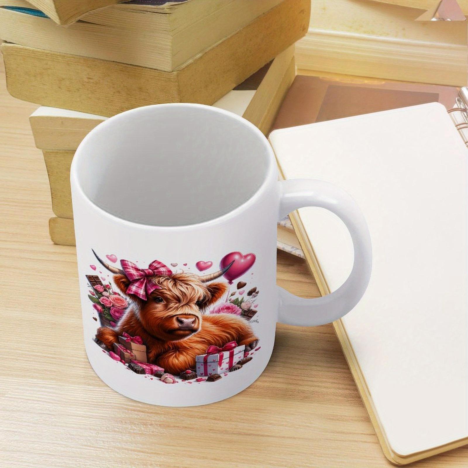 Tailorly White Ceramic 11 oz Mug - Adorable Hairy Highland Animal With Pink Bow Among Floating Red Hearts Cow