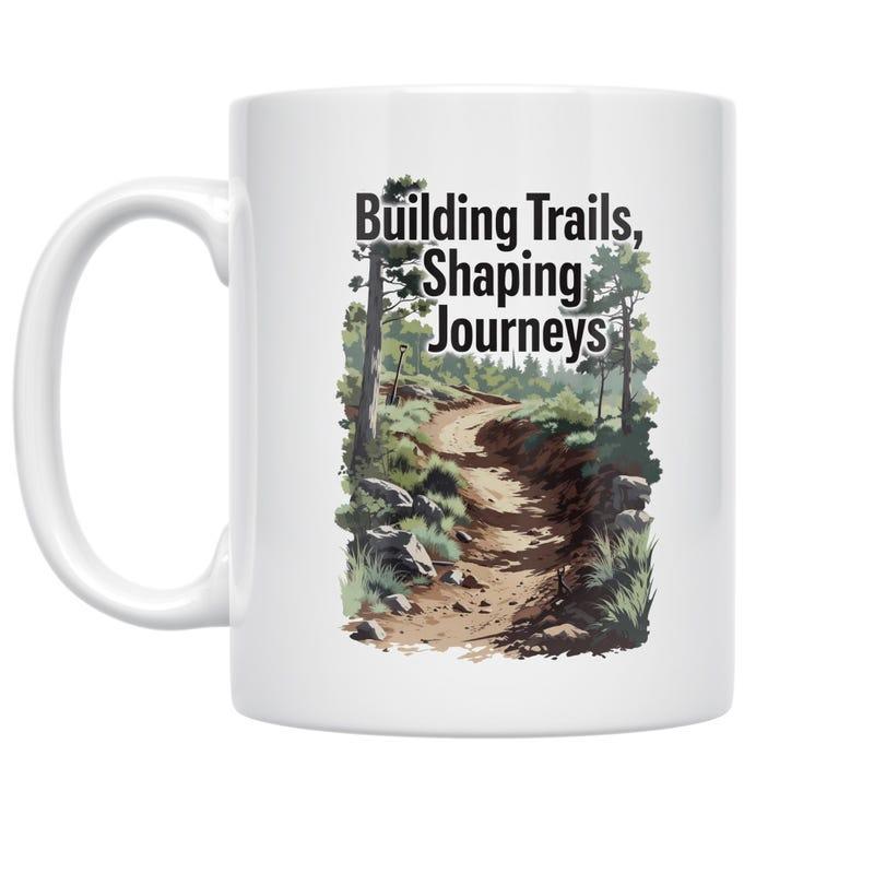 Tailorly White Ceramic 11 oz Mug - Building Trails Shaping Journeys Winding Dirt Path Surrounded By Lush Green Trees In Nature Forest Trail