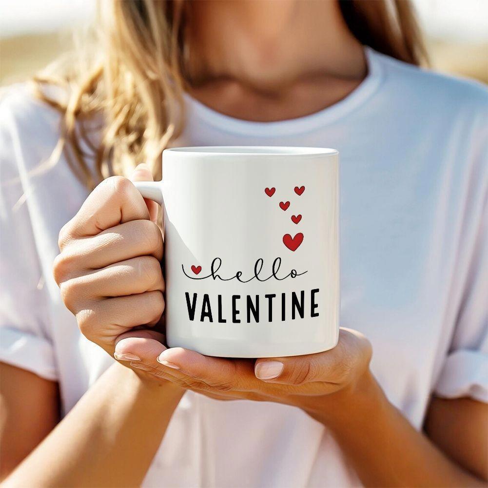 Tailorly White Ceramic 11 oz Mug - Hello Valentine Minimalist Scattered Red Hearts Floating Above Artistic Script Typography On Ceramic Mug