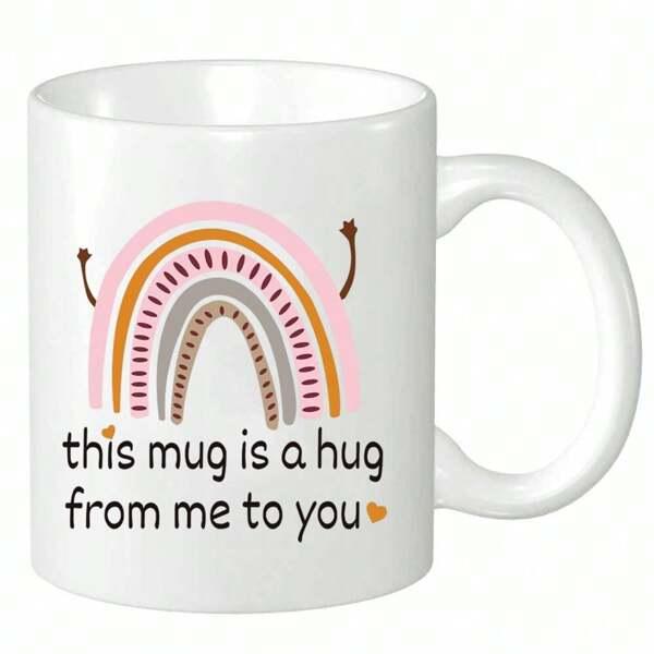 Tailorly White Ceramic 11 oz Mug - This Mug Is A Hug From Me To You Minimalist Muted Tone Boho Design Featuring Small Arms And Tiny Hearts Rainbow