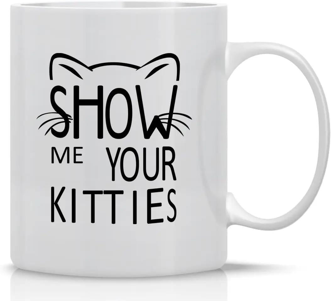 Tailorly White Ceramic 11 oz Mug - Show Me Your Kitties Minimalist Black Line Art Cat Ears And Whiskers On