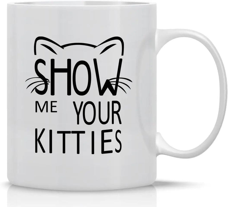 Tailorly White Ceramic 11 oz Mug - Show Me Your Kitties Minimalist Black Line Art Cat Ears And Whiskers On