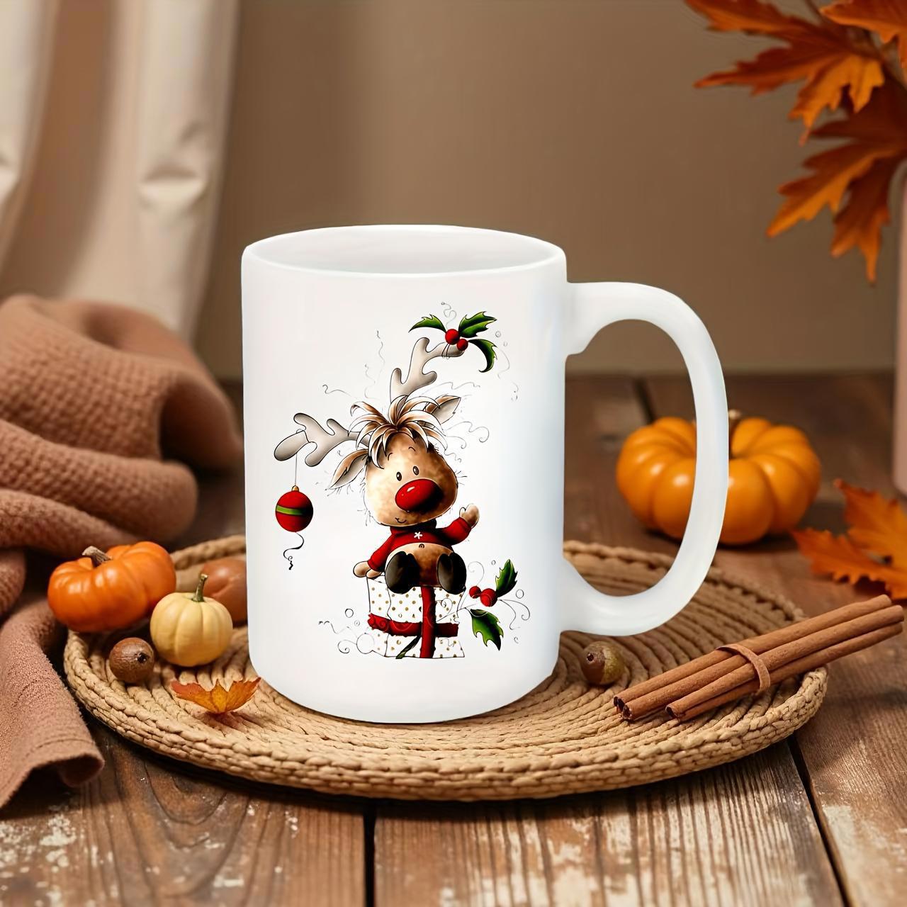 Tailorly White Ceramic 11 oz Mug - Adorable Festive Character Sitting On A White Gift Box Among Falling Snowflakes Reindeer