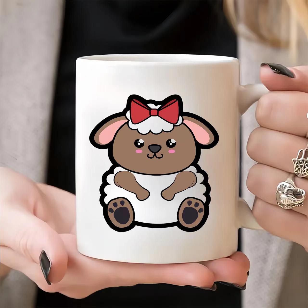 Tailorly White Ceramic 11 oz Mug - Adorable Brown Cartoon Style Wearing White Wool With Red Bow Lamb