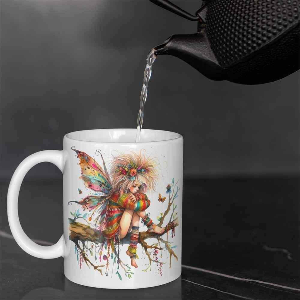 Tailorly White Ceramic 11 oz Mug - Whimsical Colorful Winged Spirit Sitting Peacefully On A Nature Branch Fairy