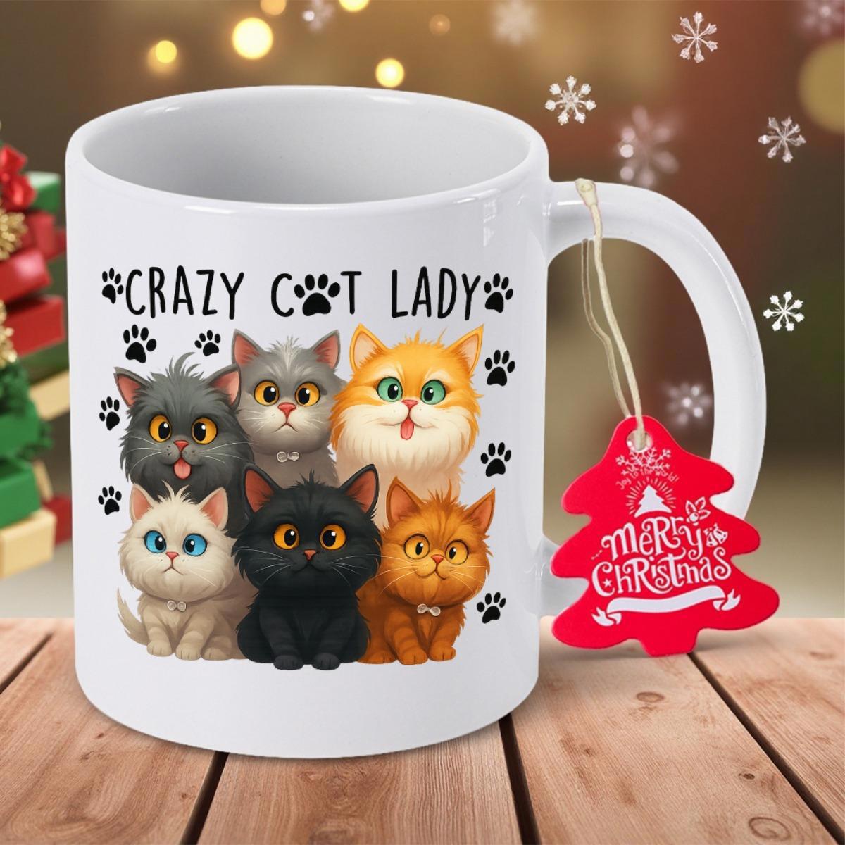 Tailorly White Ceramic 11 oz Mug - Crazy Cat Lady Six Adorable Cartoon Kittens Grouped Together With Small Paw Prints Cats