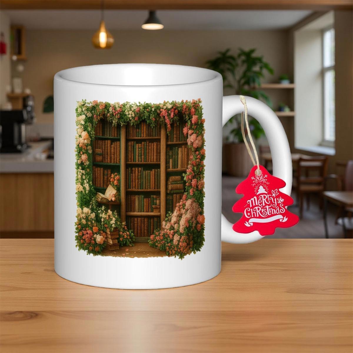Tailorly White Ceramic 11 oz Mug - Enchanted Floral Garden Shelves With Ancient Books Among Blooming Flowers Bookshelf