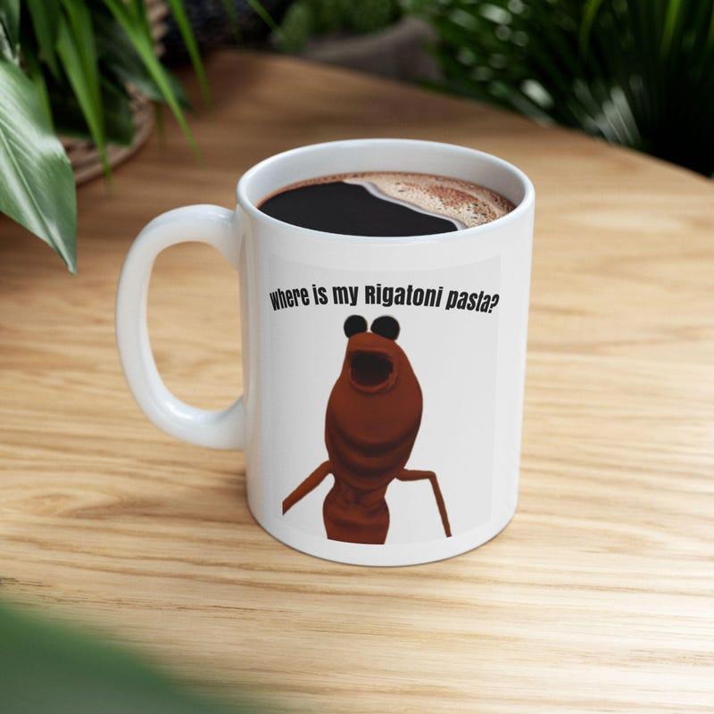 Tailorly White Ceramic 11 oz Mug - Where Is My Rigatoni Pasta Cartoonish Brown Insect Character Searching For Delicious Traditional Italian Pasta Cockroach