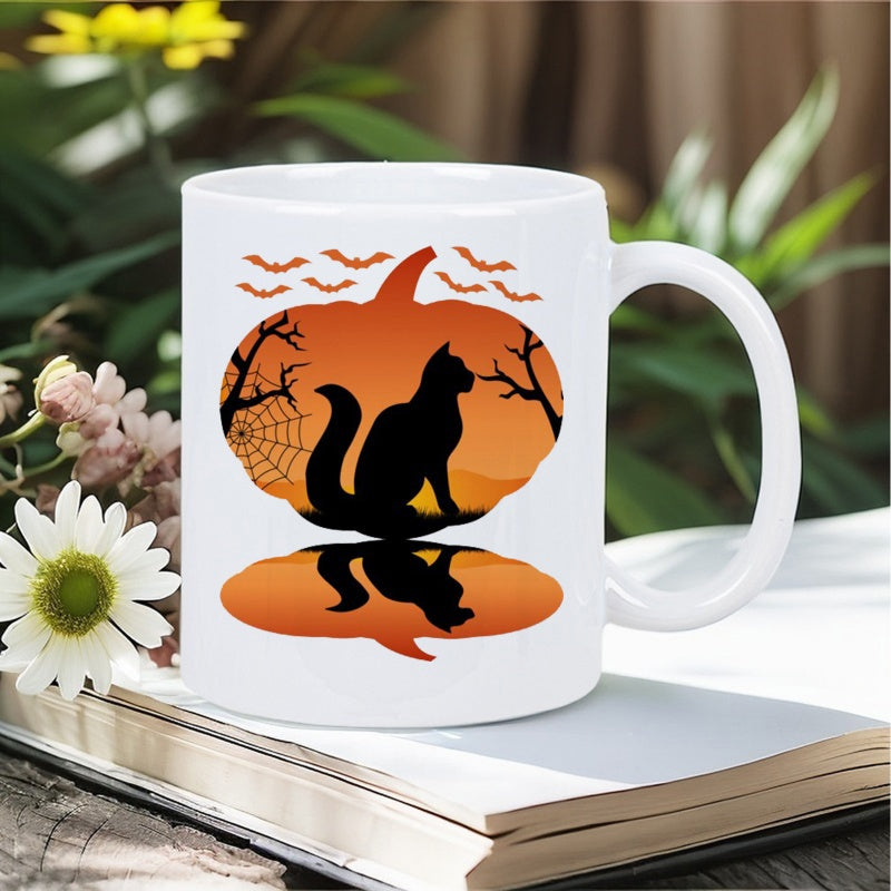 Tailorly White Ceramic 11 oz Mug - Spooky Halloween Night With Black Cat Silhouette Among Flying Bats Pumpkin
