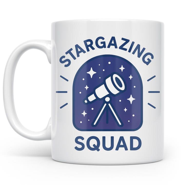 Tailorly White Ceramic 11 oz Mug - Stargazing Squad White Telescope Pointing To Bright Stars Against Dark Night Sky Telescope