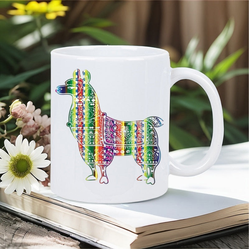 Tailorly White Ceramic 11 oz Mug - Vibrant Rainbow Colored Traditional Tribal Patterns Filling A Standing Serene Llama