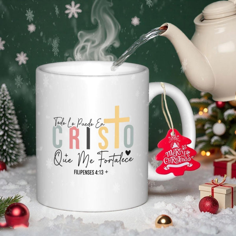 Tailorly White Ceramic 11 oz Mug - Merry Christmas Minimalist Religious Cross Overlapping Colorful Artistic Script Lettering Cross