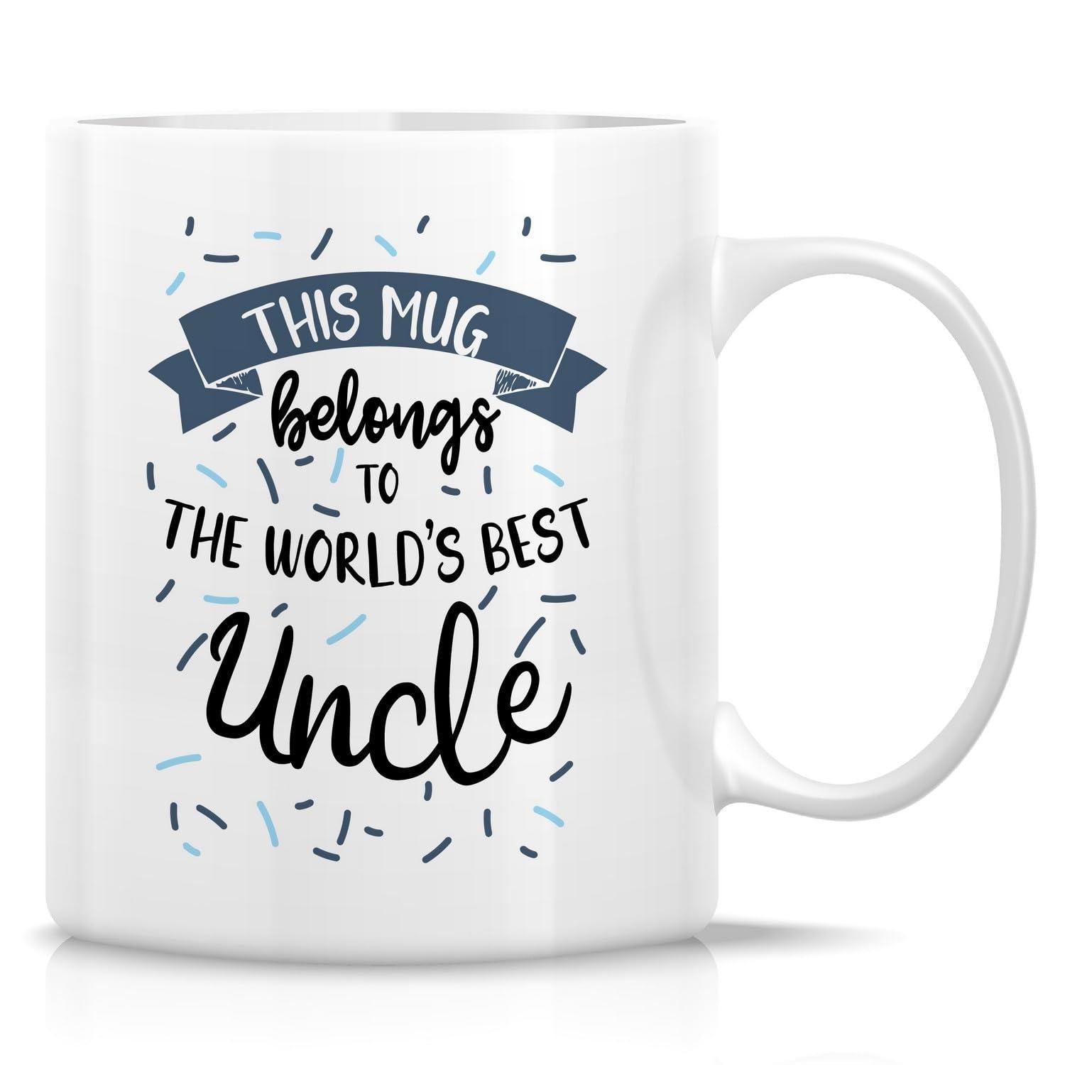 Tailorly White Ceramic 11 oz Mug - This Mug Belongs To The Worlds Best Uncle Minimalist White Ceramic With Blue Banner And Festive Sprinkles Mug