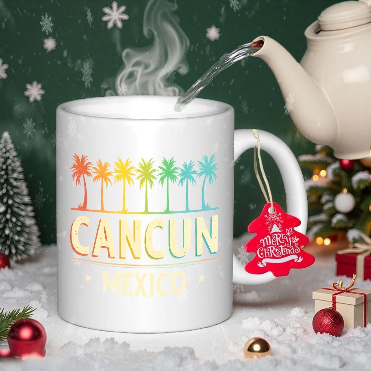 Tailorly White Ceramic 11 oz Mug - Cancun Mexico Colorful Gradient Tropical Palm Trees Arranged In Linear Sequence Under Summer Sun Palm Tree