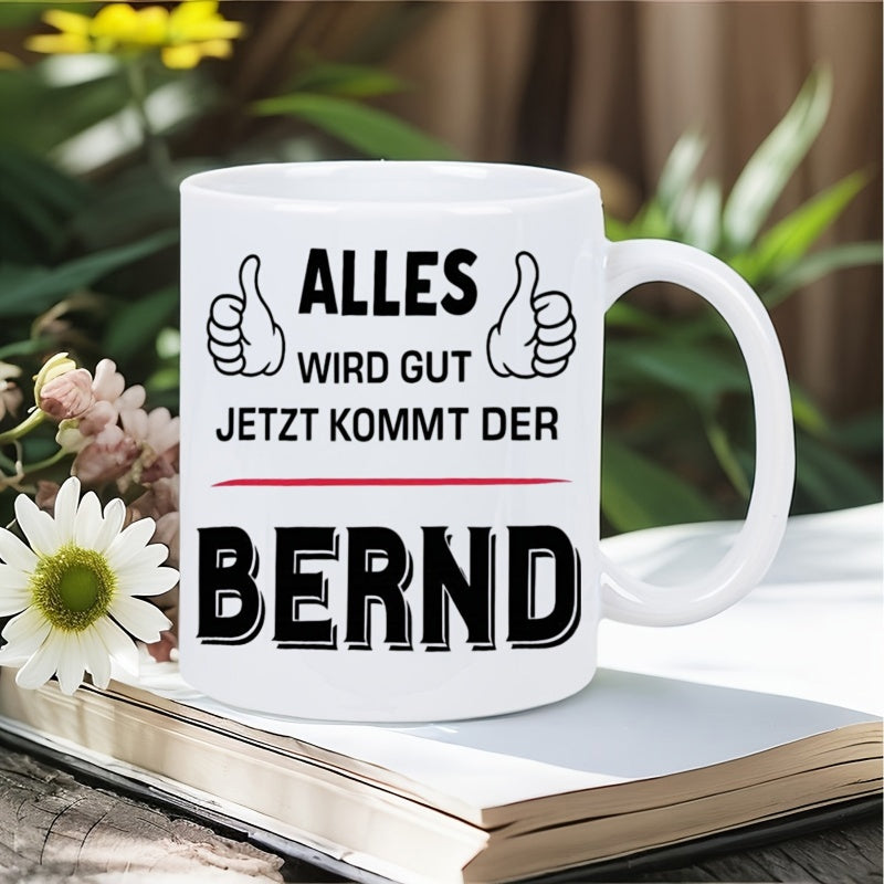 Tailorly White Ceramic 11 oz Mug - Minimalist White Ceramic With Bold Black Text And Cartoon Thumbs Up Mug