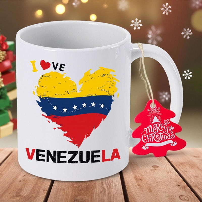 Tailorly White Ceramic 11 oz Mug - I Love Venezuela Distressed Heart Flag Featuring National Colors And Symbolic Stars Heart