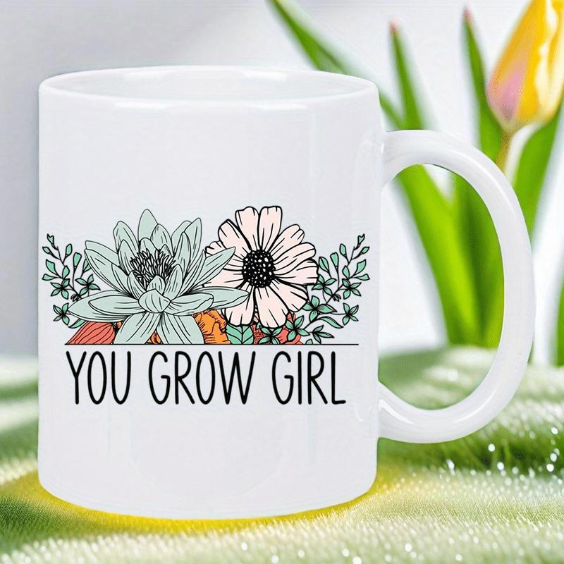 Tailorly White Ceramic 11 oz Mug - You Grow Girl Hand Drawn Succulent And Daisy Among Detailed Lush Green Leaves Flower