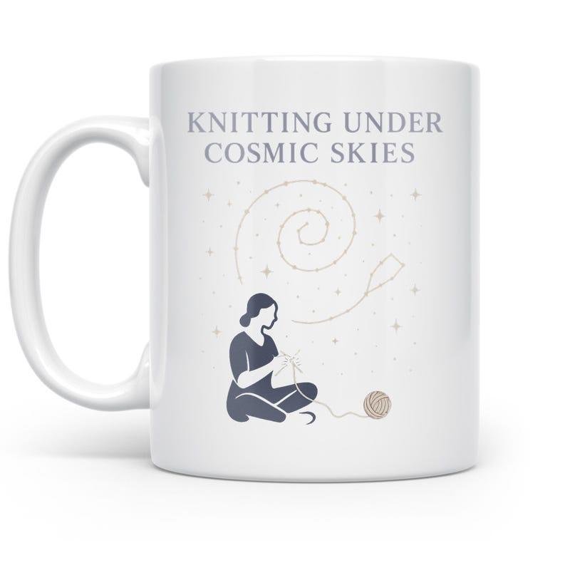 Tailorly White Ceramic 11 oz Mug - Knitting Under Cosmic Skies Peaceful Silhouette Knitting Under A Swirling Galaxy Among Twinkling Stars Woman