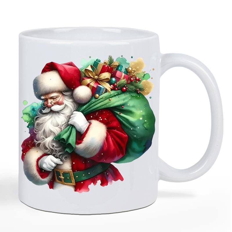 Tailorly White Ceramic 11 oz Mug - Jolly Traditional Santa Carrying Large Green Gift Sack With Festive Presents Santa Claus