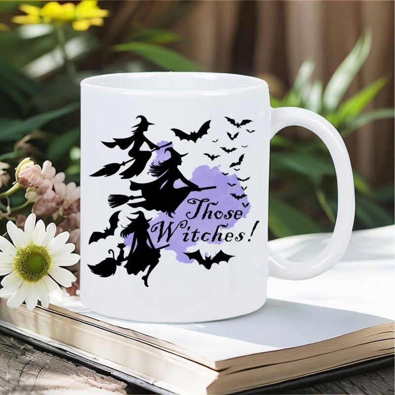 Tailorly White Ceramic 11 oz Mug - Those Witches Silhouettes Of Flying Witches On Brooms With Bats Under Purple Cloud Witch