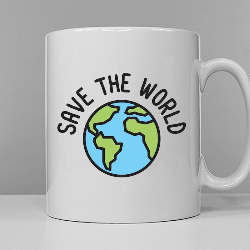 Tailorly White Ceramic 11 oz Mug - Save The World Colorful Hand Drawn Planet Map With Blue Oceans Green Continents Globe