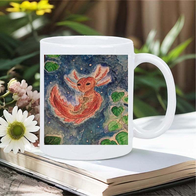 Tailorly White Ceramic 11 oz Mug - Vibrant Pink Axolotl Swimming Gracefully Through Deep Blue Water Among Floating Leaves Axolotl