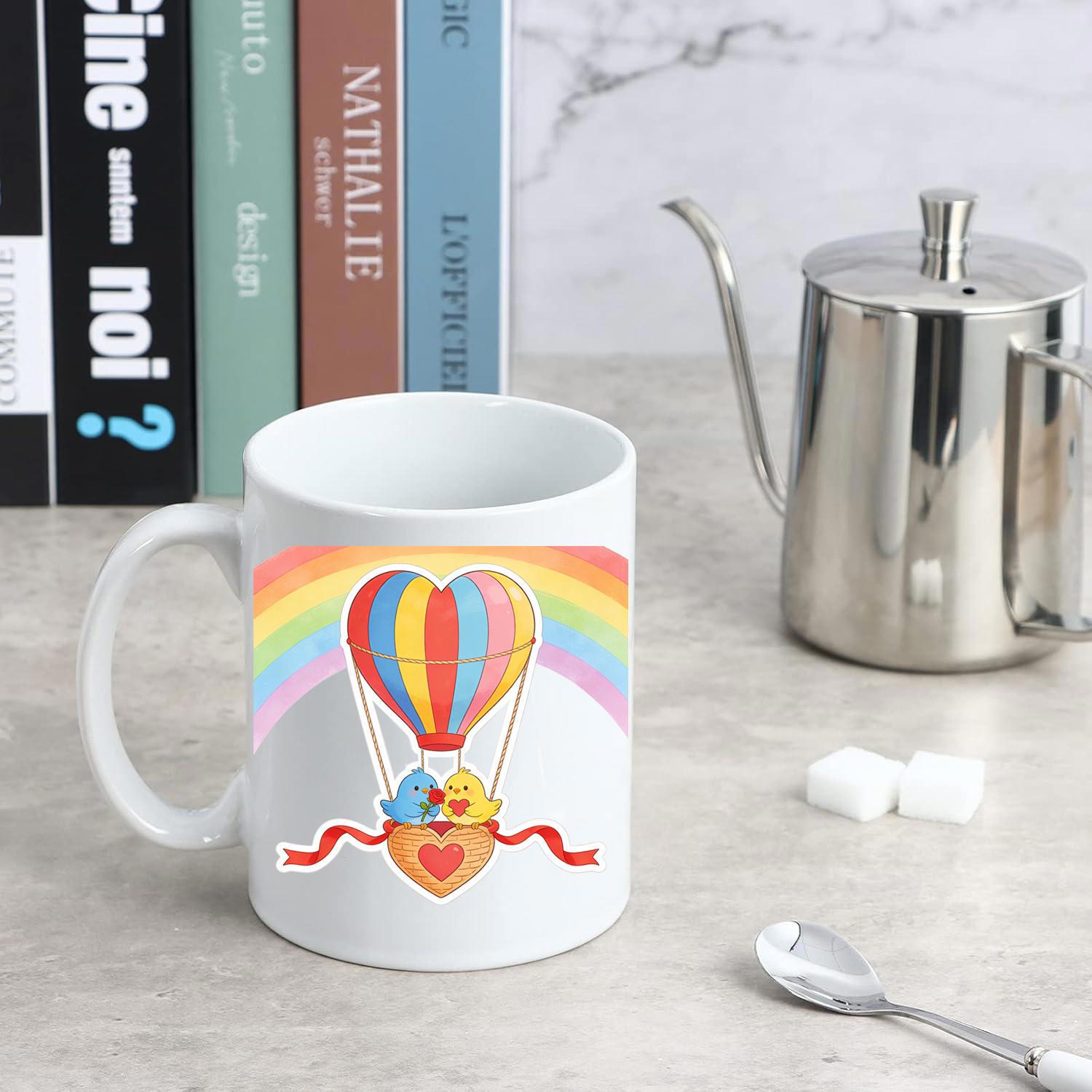 Tailorly White Ceramic 11 oz Mug - Vibrant Rainbow Stripes Heart Shaped Balloon Carrying Two Small Birds Over Rainbow Hot Air Balloon