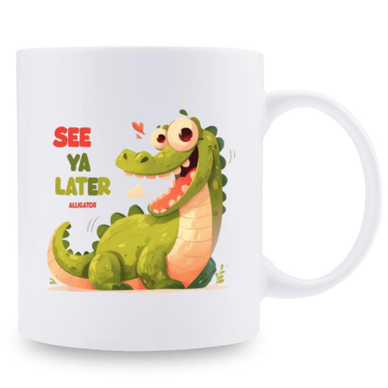 Tailorly White Ceramic 11 oz Mug - See Ya Later Alligator Playful Green Cartoon Creature With Wide Cheerful Eyes Alligator