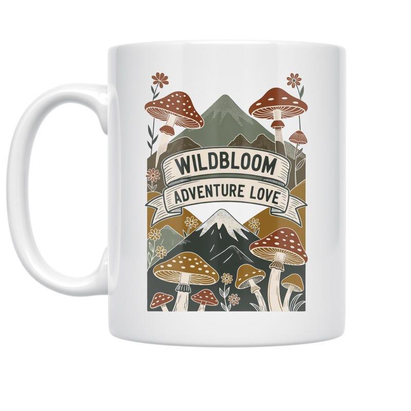 Tailorly White Ceramic 11 oz Mug - Wildbloom Adventure Love Vintage Mountains Under Snowy Peaks With Earthy Toned Mushroom