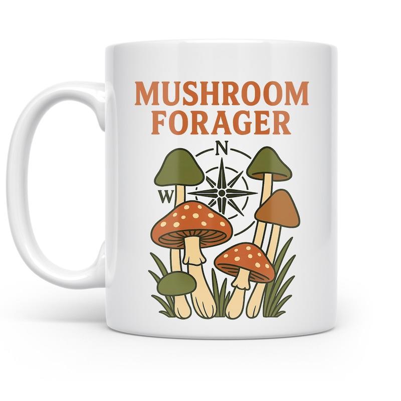 Tailorly White Ceramic 11 oz Mug - Mushroom Forager Earthy Tones Of Wild Fungi Growing Among Tall Grass Blades Mushroom