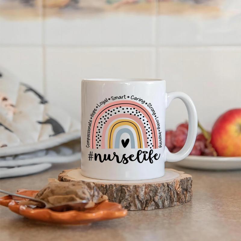 Tailorly White Ceramic 11 oz Mug - Nurselife Compassionate Helpful Smart Caring Strong Inspiring Pastel Boho Arches Featuring A Small Heart Rainbow